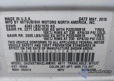 2015 Mitsubishi Outlander Sport Es из США, поврежденный, VIN 4A4AR3AU5FE037188